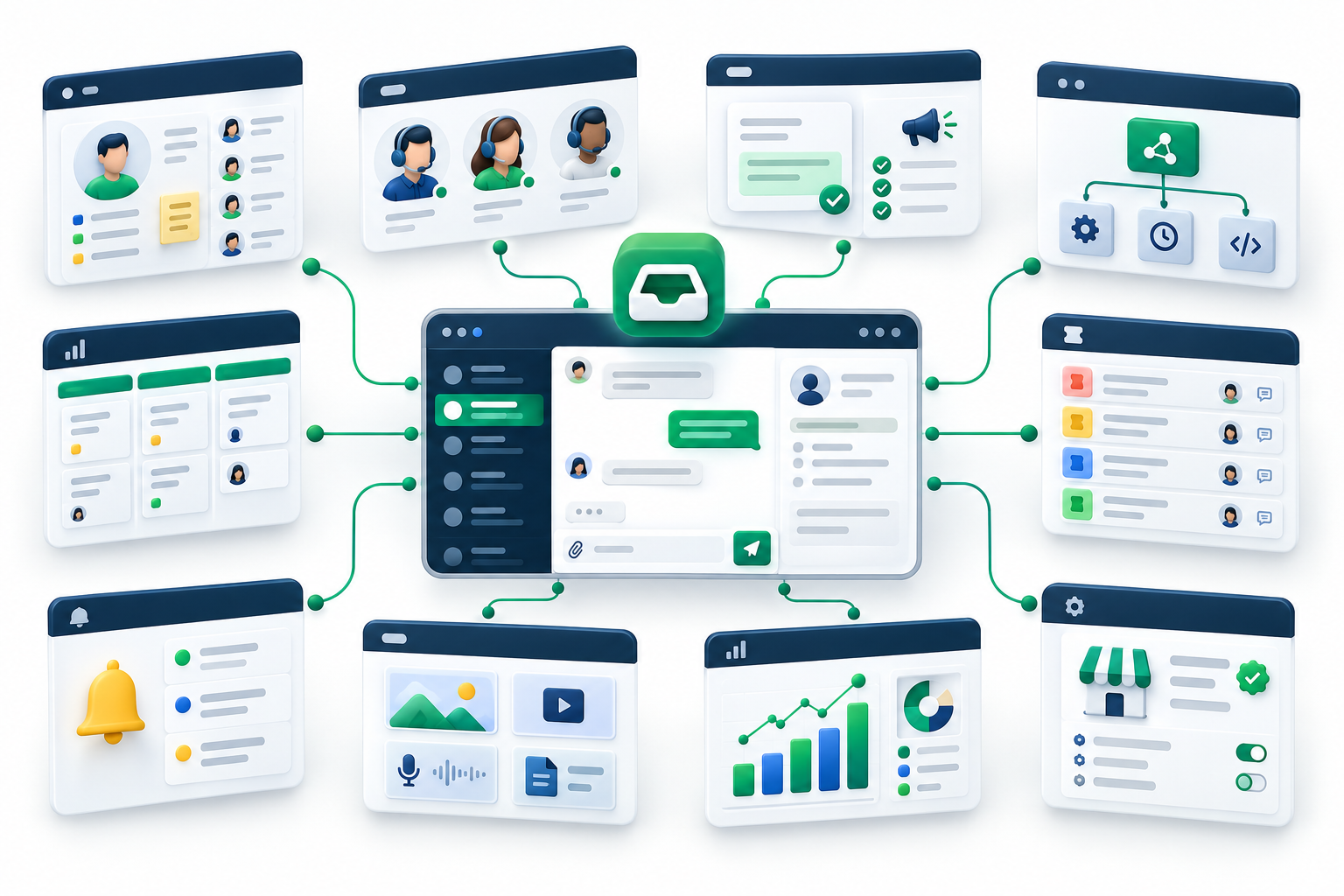 Ilustrasi modul inbox, kontak, agents, broadcast, automation, pipeline, tiket, notifikasi, media, laporan, dan pengaturan bisnis